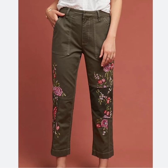 Anthropologie Pants - Anthropologie Embroidered Utility olive green pants women's sz 30 boho hippie
